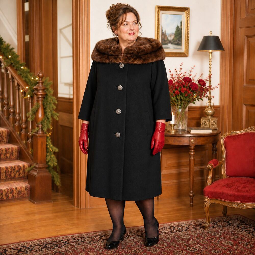 60s Black Cashmere Coat with Fur Collar, Plus Size Swing Coat, Mid Century - XXL